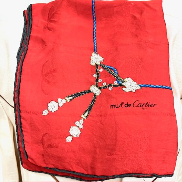 Vintage  Must de Cartier  Silk Scarf 32"  Bright Red Gem Diamond Logo Designs(37 - Picture 5 of 7